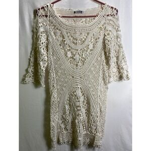 Open Knit Lace Boho White Cream Dress Cover Cottage Core Women Large Earthbound